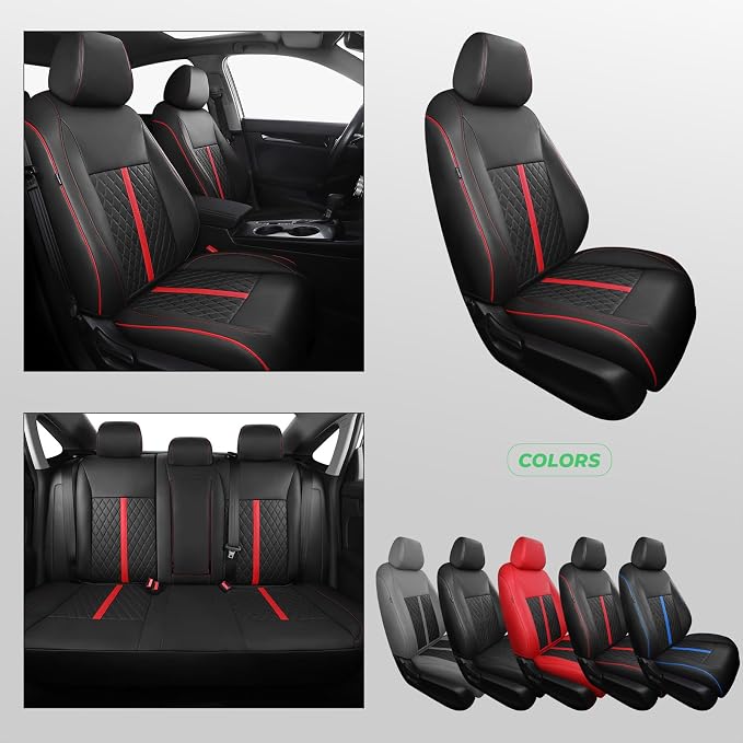 for Honda Civic Leather Seat Covers, Hatchback EX-L Sport Touring 2022-2026, Custom Fit Car Seat Cover Full Set, Waterproof Accessories, Black Red (60/40 Split Benches-with Rear Armrest)