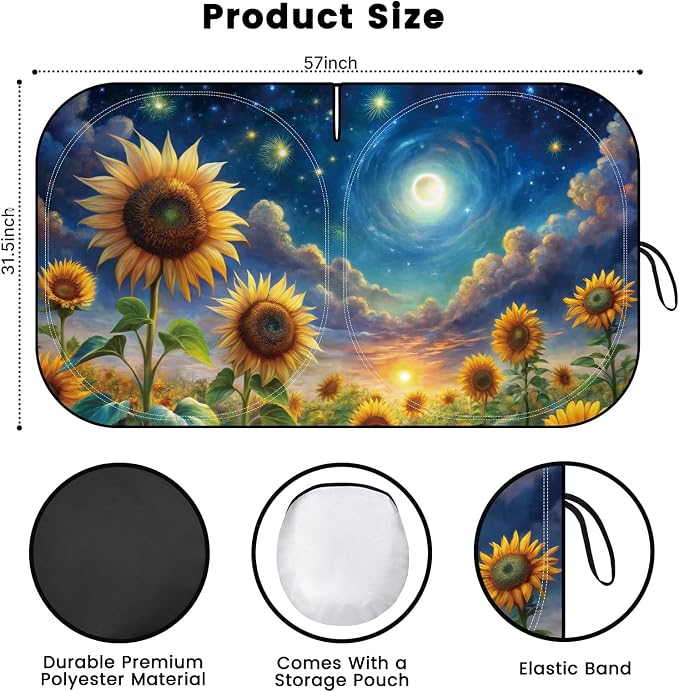 Windshield Sun Shade, Car Sun Shade Windshield, Reflector Sunshade Offers Ultimate Protection for Car Interior, Reflective Polyester Blocks Heat for Sedans, Mini SUVs, Hatchbacks - 57 x 31.5 inches