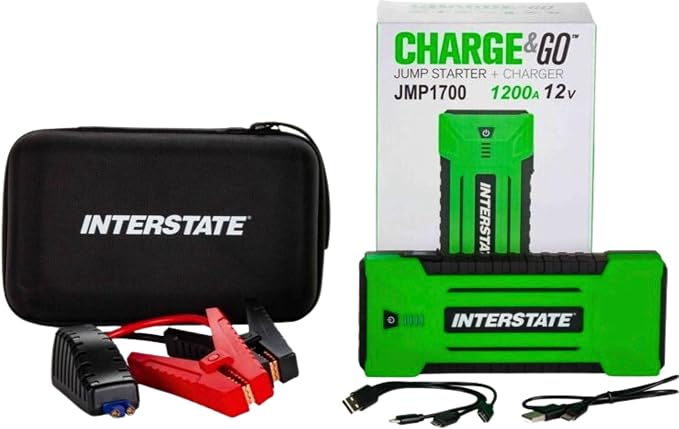 Interstate Batteries 12V Jump Starter and Charger 1200A (17,000mAH, 17Ah) Portable LED Jumpstart Battery Power Pack for 12 Volt Automotives, USB Electronics (JMP1700)