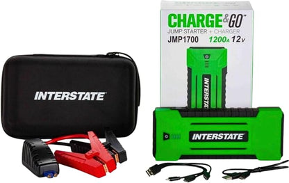 Interstate Batteries 12V Jump Starter and Charger 1200A (17,000mAH, 17Ah) Portable LED Jumpstart Battery Power Pack for 12 Volt Automotives, USB Electronics (JMP1700)