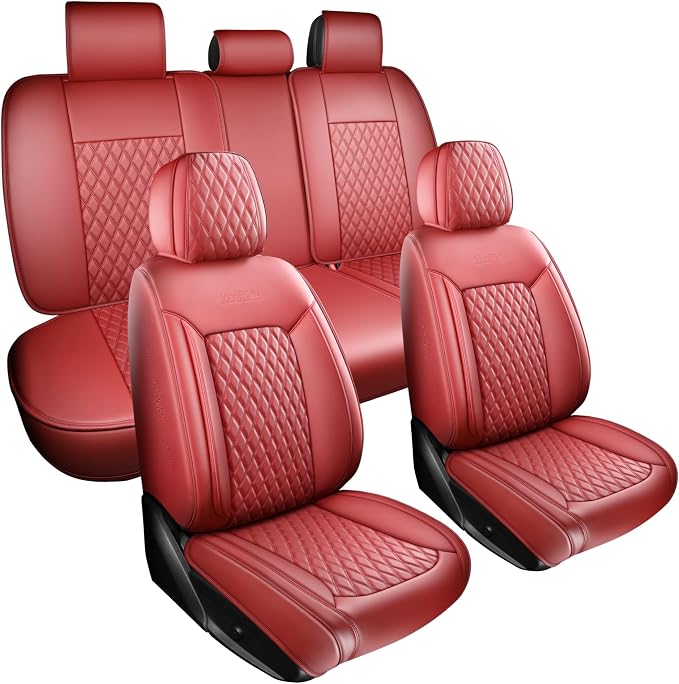 Burgundy Leather Seat Covers for SUV Full Set,Contoured Universal Precision Fit Heavy-Duty Nappa Leather Automotive Seat Covers for Cars,Style1 Wine Red
