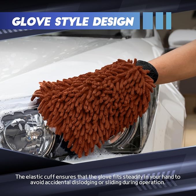 wuyaoyao 2PCS Car Wash Mitt, 10.14"×7.12" Chenille Microfiber Car Wash Mitts, Scratch-Free & Lint-Free, Absorbent Double Sided Clean Glove for Cars Cleaning, Auto Cleaning Supplies (Brown)