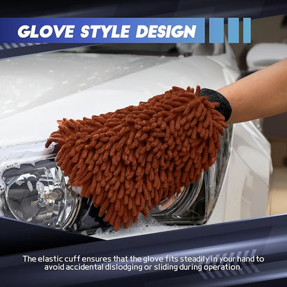 wuyaoyao 2PCS Car Wash Mitt, 10.14"×7.12" Chenille Microfiber Car Wash Mitts, Scratch-Free & Lint-Free, Absorbent Double Sided Clean Glove for Cars Cleaning, Auto Cleaning Supplies (Brown)