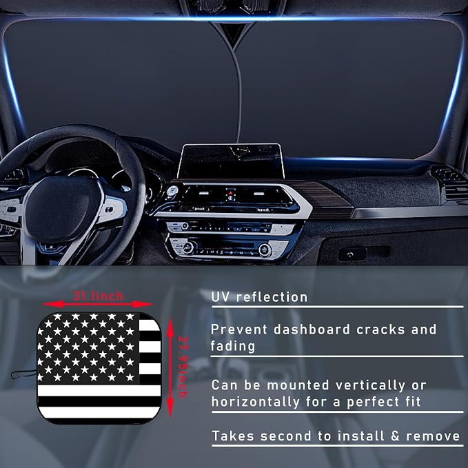 Ziciner 2 PCS Car Windshield Sun Shade, Auto Sun Heat and UV Rays Blocker, 28"×31" Foldable Automotive Front Window Sunshade Protector, Universal Vehicle Interior Accessories (Black Flag-M)