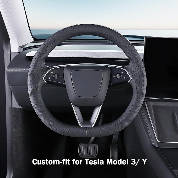 Steering Wheel Cover for Tesla Model 3 2024-Present Highland/Tesla Model Y Juniper 2025-Present, Leather Steering Wheel Cover for Tesla Model 3 Highland/Y Juniper Accessories, Black