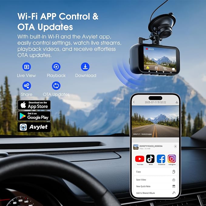 Avylet 4K/2.5K+1080P Dash Cam Front and Rear, 5G WiFi APP Dash Camera for Cars with 64GB Card, ADAS Lane Assist, 2.7”IPS Screen, Parking Mode, External GPS Module, Night Vision, G-Sensor