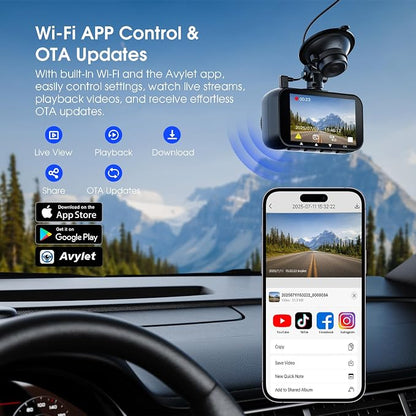 Avylet 4K/2.5K+1080P Dash Cam Front and Rear, 5G WiFi APP Dash Camera for Cars with 64GB Card, ADAS Lane Assist, 2.7”IPS Screen, Parking Mode, External GPS Module, Night Vision, G-Sensor