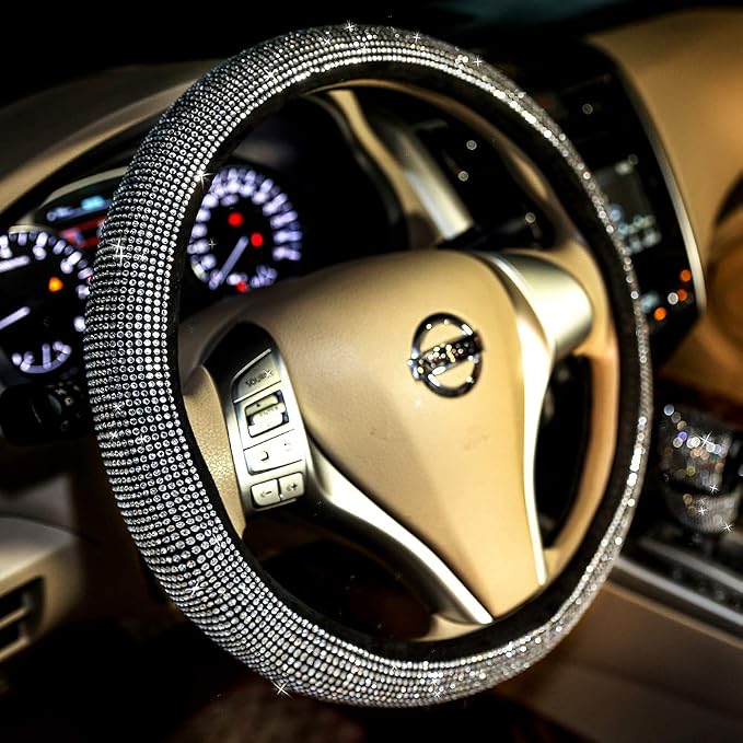 Bling Bling Women Steering Wheel Cover for car, 15 Inch Universal White Crystal Rhinestone Diamond Bling Accessories Anti-Slip Wheel Protector
