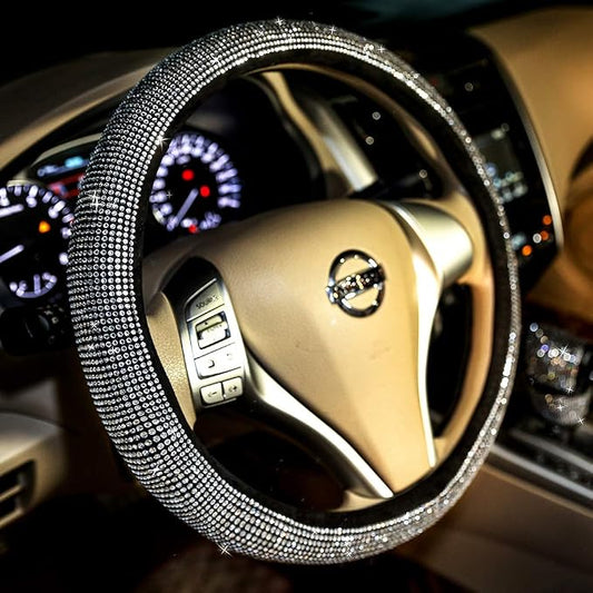 Bling Bling Women Steering Wheel Cover for car, 15 Inch Universal White Crystal Rhinestone Diamond Bling Accessories Anti-Slip Wheel Protector