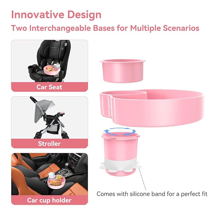 Car Seat Snack Tray: Travel Tray for Kids Carseat Cup Holder with Food Trays, Stroller Snacks Plate for Toddlers, Kid Road Trip Essentials, Pink