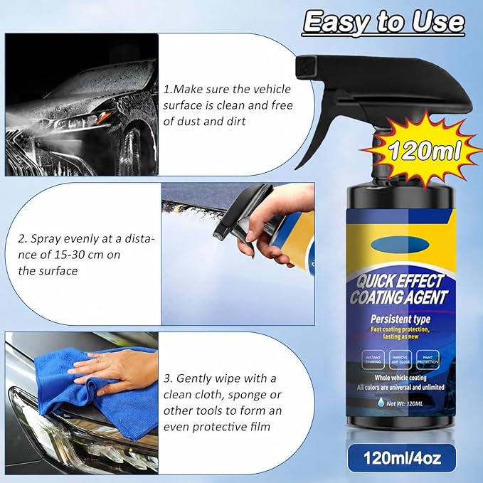 Quick Effect Coating Agent for Car - Hydrophobic Ceramic Coating Spray for Car with UV Protection, Water Beading Paint Protection, Deep Gloss Shine, Long Lasting Polish Spray Wax - 120ml