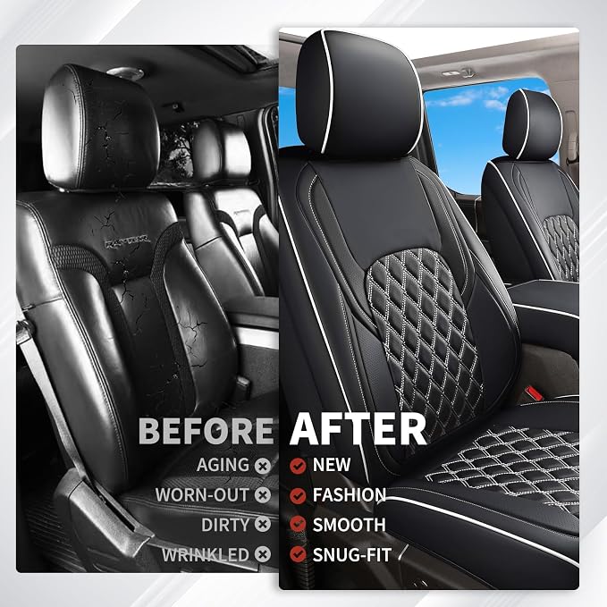 Huidasource F150 Leather Seat Covers Custom Fit for 2015-2025 F150 SuperCrew & 2017-2025 F250 F350 F450 Super Duty Crew Cab XL XLT Lariat King Ranch Platinum(Front Pair/Black&White)