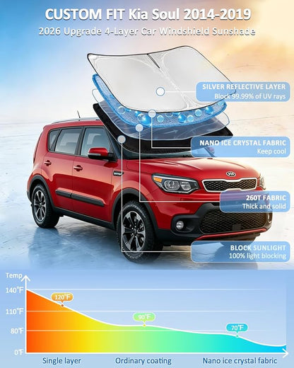 Windshield Sunshade for Kia Soul 2014-2019 Sun Shade Car Windshield Accessories Upgrade 4 Layers Blocks UV Rays Custom Fit Soul 240T Car Window Shades Front Windshield Keep Cool Foldable