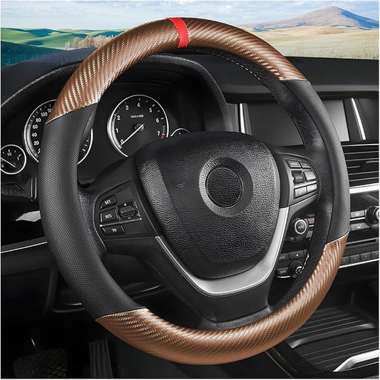 Moly Magnolia Carbon Fiber Steering Wheel Cover, Universal 15 inch Breathable Anti Slip, Fit Most Cars, Trucks, SUV (Carbon Fiber Coffee)