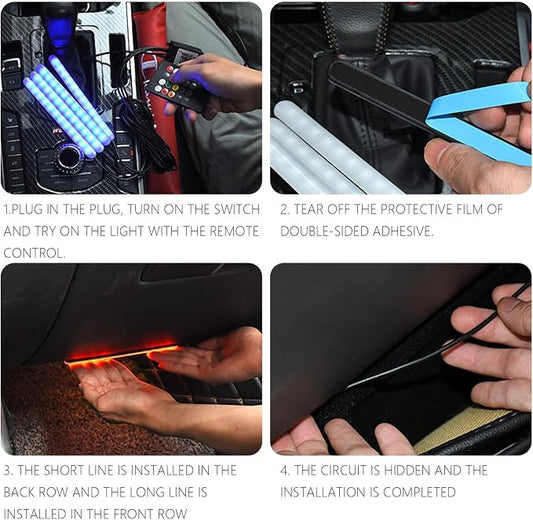 Car LED Strip Lights, 4Pcs App Control Interior Lights, Multicolor Music Car Strip Light Under Dash Lighting Kit with Sound Active Function and Remote Controller, DC 12V