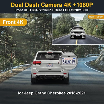 Fitcamx Front 4K+Rear 1080P Dash Cam Adapts for Jeep Grand Cherokee 2018-2021 & SRT (HD2-D7600), OEM Look, 2 Way HD Video, Built-in WiFi & APP, Loop Recording, G-Sensor, Easy to Set, 128GB Card