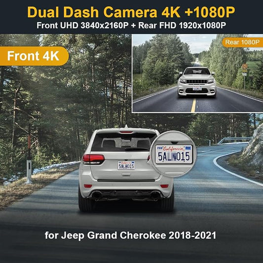 Fitcamx Front 4K+Rear 1080P Dash Cam Adapts for Jeep Grand Cherokee 2018-2021 & SRT (HD2-D7600), OEM Look, 2 Way HD Video, Built-in WiFi & APP, Loop Recording, G-Sensor, Easy to Set, 128GB Card