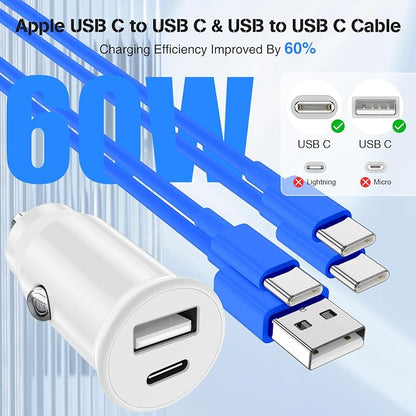 USB C Car Charger for iPhone 17 16 15 Pro Max,40W Dual Port USB-C & USB-A Car Fast Charging Adapter, 2X3FT C to C Cable & A to C Carplay Cable for iPhone 17 16 15 Series/iPhone Air, iPad, Samsung-Blue