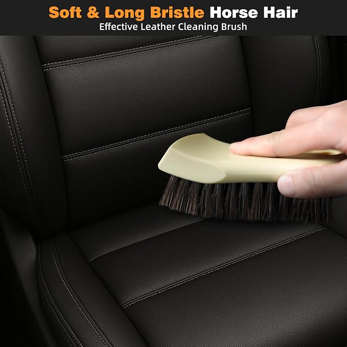 9PCS Car Detailing Brush, Horse Hair and Boar Bristle Brush Set with Elbow Adapter, Microfiber Wax Applicator Pads, Drying Towel and Cleaning Gel,Cleaning Kit for Interior Exterior
