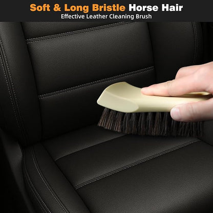 9PCS Car Detailing Brush, Horse Hair and Boar Bristle Brush Set with Elbow Adapter, Microfiber Wax Applicator Pads, Drying Towel and Cleaning Gel,Cleaning Kit for Interior Exterior