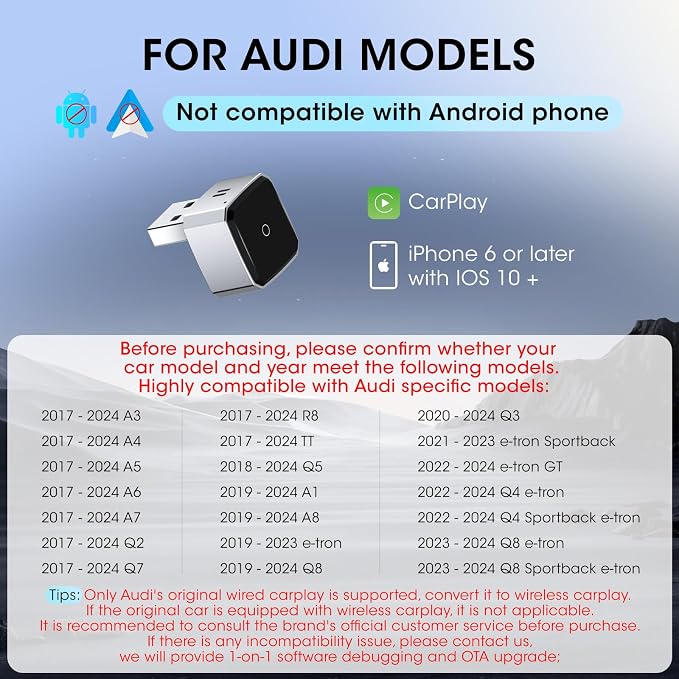 Wireless Carplay Adapter for iPhone, Convert Wired to Apple Carplay Wireless Adapter, Mini Size, Plug and Play, Connection Stable No Delay Car Play for Audi Specific Models