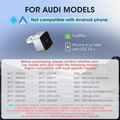 Wireless Carplay Adapter for iPhone, Convert Wired to Apple Carplay Wireless Adapter, Mini Size, Plug and Play, Connection Stable No Delay Car Play for Audi Specific Models