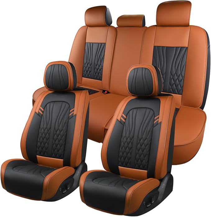 MINGBRON Leather Car Seat Covers,Car Seat Protector Waterproof,Seat Covers Full Set, Car Seat Protectors 5 Seats,Automotive Seat Covers Fit Most Cars Black&Brown