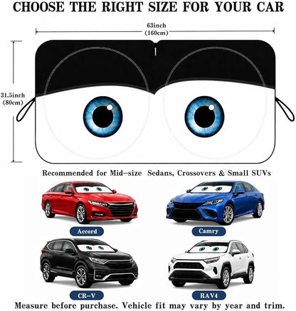 Car Windshield Sun Shade, Funny Cartoon Eyes Car Sun Shade, UV Heat Protection Windshield Cover Universal Fits Mid-Large Sedan SUV Crossover Family Vehicle - 63 x 31.5