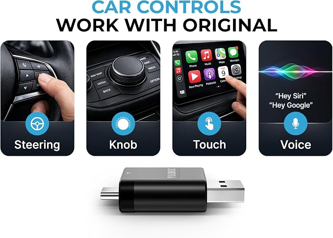 ZORVIA Wireless CarPlay Adapter for iPhone & Android Auto 2026 Upgraded - Convert Wired CarPlay to Wireless, Fast Auto Reconnect, Plug and Play, USB-C & USB-A (Black)