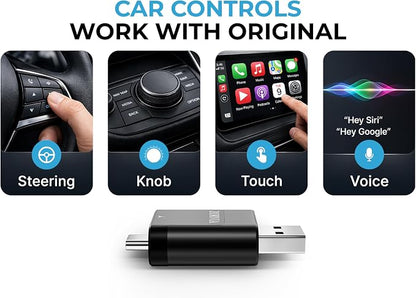 ZORVIA Wireless CarPlay Adapter for iPhone & Android Auto 2026 Upgraded - Convert Wired CarPlay to Wireless, Fast Auto Reconnect, Plug and Play, USB-C & USB-A (Black)