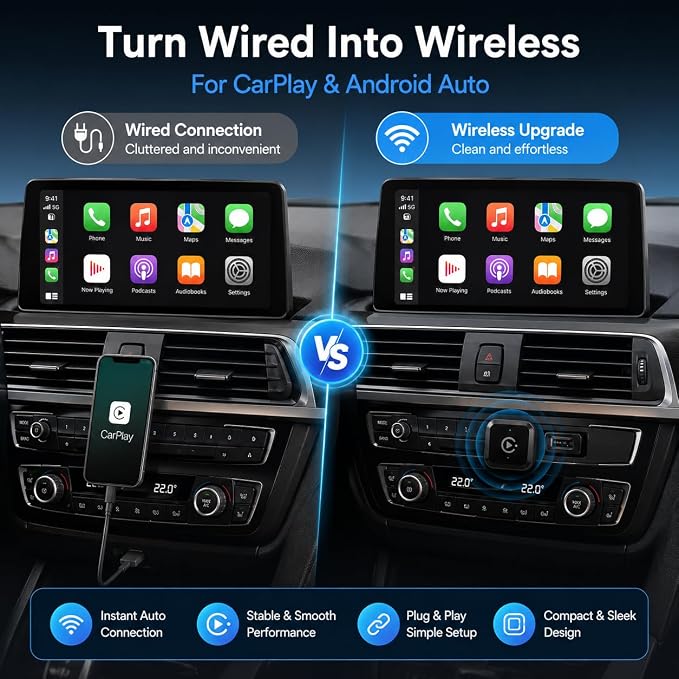 2026 Wireless CarPlay Adapter for iPhone & Android Auto, Mini Wired to Wireless Car Play Adapter, Fast Low-Lag Auto-Connect Bluetooth CarPlay Dongle, Stable Connection, USB & Type-C for Cars