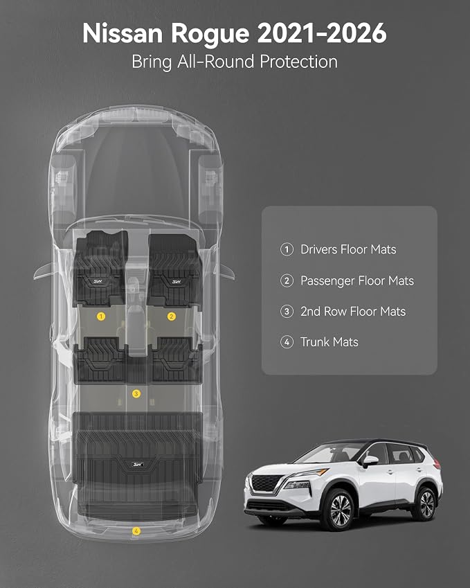 3W Floor Mats & Cargo Mats for Nissan Rogue 2021-2026 S/SV/SL/Platinum, Custom Fit TPE All Weather Floor Liner for Rogue Accessories Full Set Car Mats & Trunk Mat (Not Fit Rogue Sport), Black