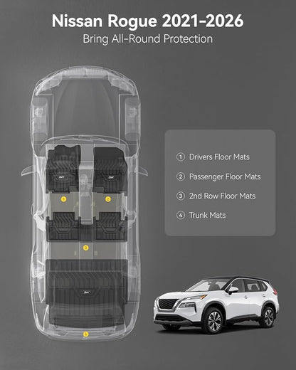 3W Floor Mats & Cargo Mats for Nissan Rogue 2021-2026 S/SV/SL/Platinum, Custom Fit TPE All Weather Floor Liner for Rogue Accessories Full Set Car Mats & Trunk Mat (Not Fit Rogue Sport), Black