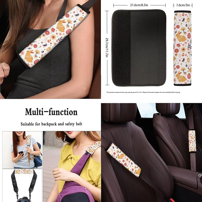 13 Set Easter Egg Rabbit Car Seat Cover Full Set, Ditsy Flower Bunny Breathable Decor, Easter Day Floral Seat Belt Pads Universal Car Seat Cover Steering Wheel Cover