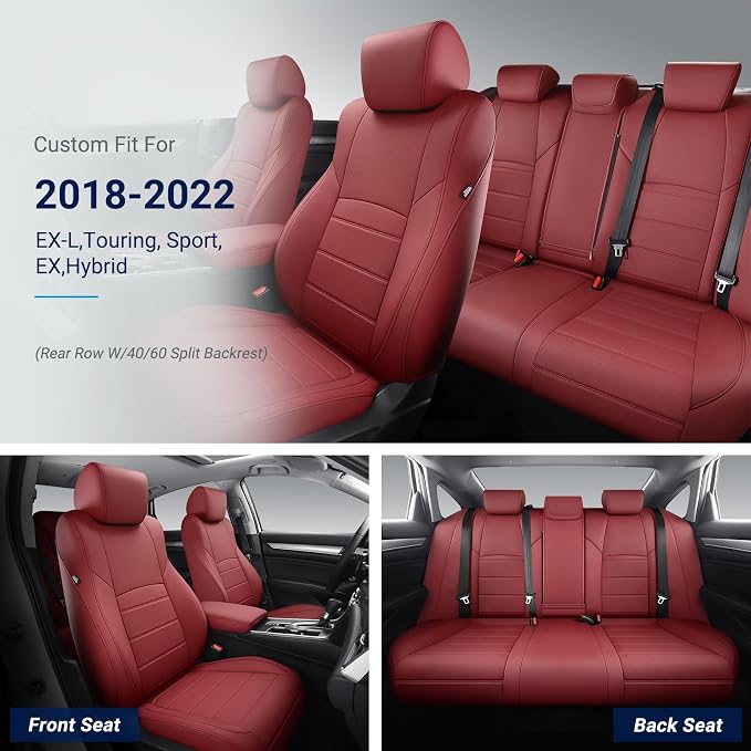 Custom for Honda Accord Seat Covers 2018 2019 2020 2021 2022 EX-L, Touring, Sport, EX, Hybrid, Faux Leather Car Seats Cover Full Set (Rear Row W/40/60 Split Backrest) - Burgundy