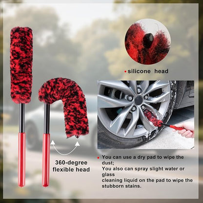 4 Pack Car Wash Brush Wheel Cleaning Woolies Brush Detailing Brush and Stiff Tire Brush Tires Wheel Brushes for Cleaning Wheels for Wheels, Rims, Carpet, Truck, SUV, Moto, RV, Motorcycle