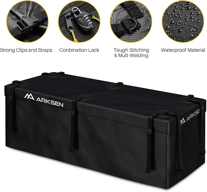 ARKSEN Waterproof Hitch Cargo Carrier Bag with Combination Lock for Truck SUV RV Trailer- Include Net, Heavy Duty Stainless Steel Hitch Tightener, Anti-Rattle Stabilizer, 2 pcs 19.7Ft Straps