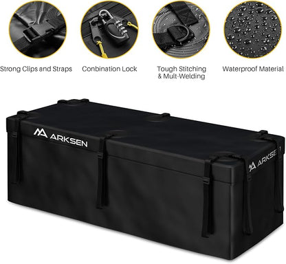 ARKSEN Waterproof Hitch Cargo Carrier Bag with Combination Lock for Truck SUV RV Trailer- Include Net, Heavy Duty Stainless Steel Hitch Tightener, Anti-Rattle Stabilizer, 2 pcs 19.7Ft Straps