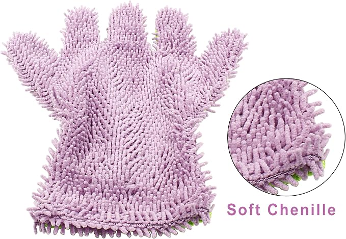 BokWin 2-Pack Car Wash Mitt Scratch Free, 5-Finger Microfiber Wash Mitts, Car Interior Exterior Cleaning Gloves, Auto Chenille Washing Sponge Kits for Cleaning Wheel Tight Spot(Purple)