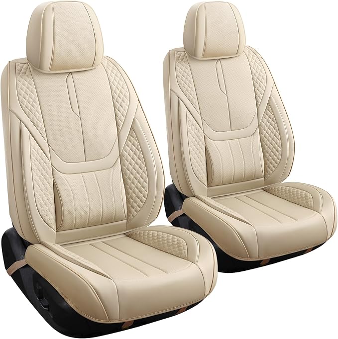 Car Seat Covers Full Set - Universal Seat Covers for Cars SUV Truck – Faux Leather Automotive Seat Covers, Breathable & Waterproof Front and Rear Seat Protectors, Fit for Most Cars-Beige