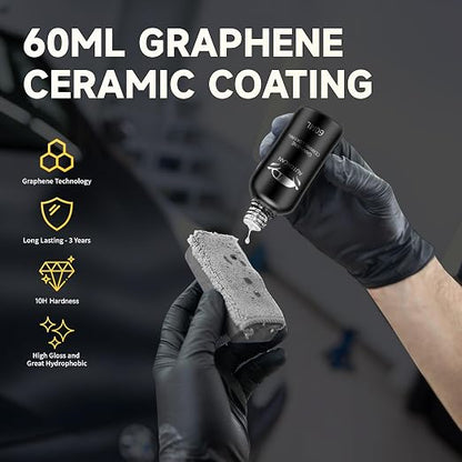 Graphene Ceramic Coating(60ML), 10H Ceramic Coating for Cars, High Gloss Anti-Scratch Nano Coat Kit Hydrophbic Mirror Paint Protection 3 Years Prorection