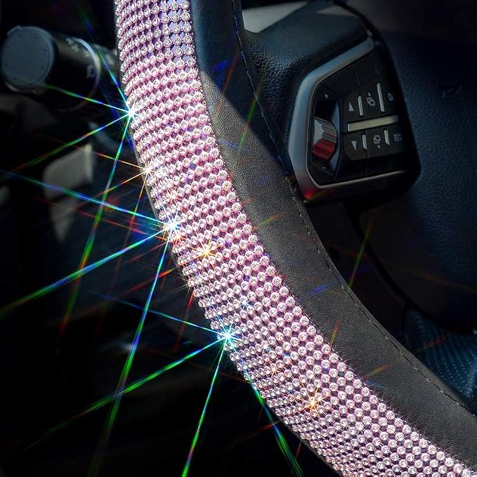 New Diamond Leather Steering Wheel Cover with Bling Bling Crystal Rhinestones, Universal Fit 15 Inch Car Wheel Protector for Women Girls,Pink & White Diamond