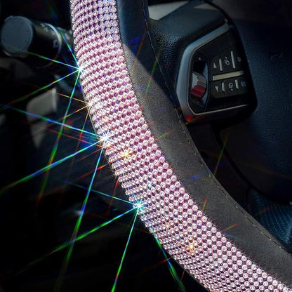 New Diamond Leather Steering Wheel Cover with Bling Bling Crystal Rhinestones, Universal Fit 15 Inch Car Wheel Protector for Women Girls,Pink & White Diamond