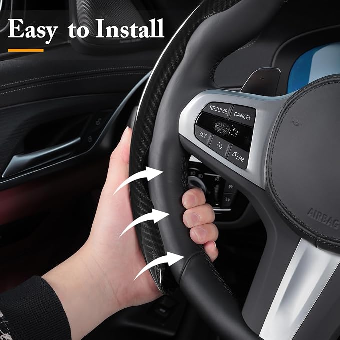 Carbon Fiber Steering Wheel Cover, Snap on Car Steering Wheel Cover Set Accessories 3pcs Wrap Grip Non Slip Protector Universal Glossy Black