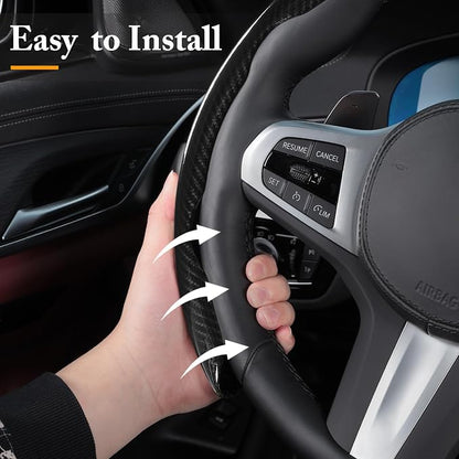 Carbon Fiber Steering Wheel Cover, Snap on Car Steering Wheel Cover Set Accessories 3pcs Wrap Grip Non Slip Protector Universal Glossy Black