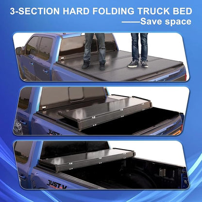 Just-V Hard Tri-Fold Truck Bed Tonneau Cover for Chevy Silverado 1500 2500HD 3500HD, for GMC Sierra 2014-2018 Only Fit Crew Cab 5.8 FT Bed, Upgrade Solid FRP Textured Black