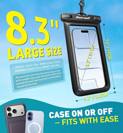 Hiearcool Universal Waterproof Phone Pouch,Underwater Dry Bag for iPhone 17 16 15 14 13 Pro Max XS Plus up to 8.3",IPX8 Cell Phone Case for Cruise Travel Essentials-Black&Clear-2Pack