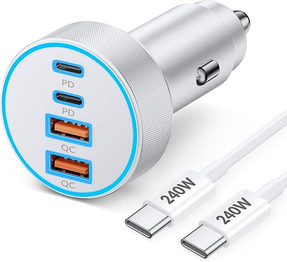 iPhone 17 16 15 Car Charger Fast Charging, 90W 4-Port USB C Fast Car Charger Cigarette Lighter Adapter with 240W 3FT USB-C Cable for iPhone 17/17 Pro/Air/17 Pro Max/16/16 Pro/ 15/15 Pro Max/Plus, iPad