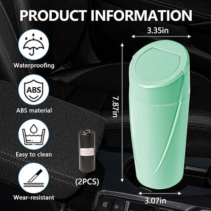 Hovom Mini Car Trash Can with Lid, Portable Garbage Can for Car, Leakproof Cup Holder Automotive Garbage Bin with 2 Rolls of Trash Bags, Small Trash Storage Can for Car Home Office(Light Green)