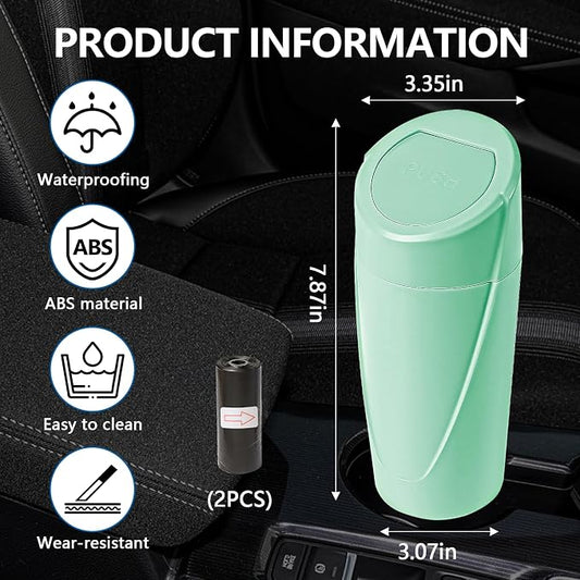 Hovom Mini Car Trash Can with Lid, Portable Garbage Can for Car, Leakproof Cup Holder Automotive Garbage Bin with 2 Rolls of Trash Bags, Small Trash Storage Can for Car Home Office(Light Green)